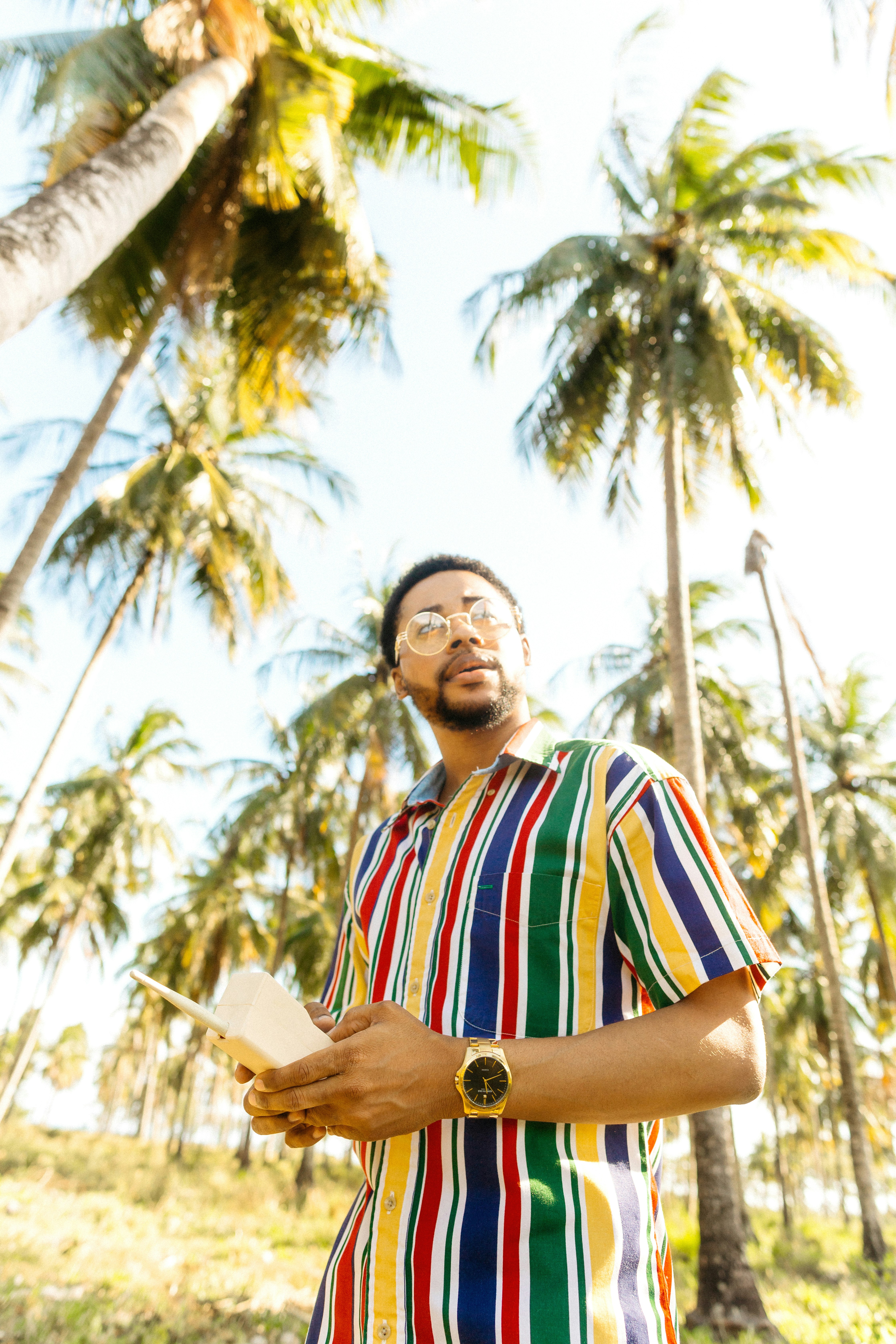 man in striped shirt standing near plam trees